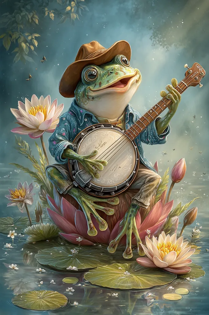 A whimsical illustration depicts a frog wearing a cowboy hat and denim shirt, serenading the viewer with a banjo.  He's perched on a large, pink water lily, surrounded by other lilies and lily pads in a serene pond.  The frog's expression is jovial, and the overall style is fantastical and charming, blending realism with imaginative elements.  The scene is bathed in soft, ethereal light.