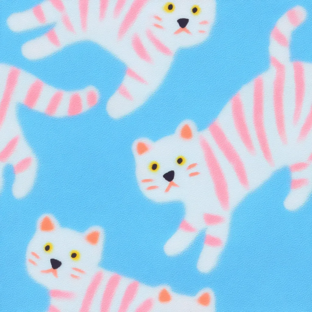 A vibrant blue background is adorned with a repeating pattern of stylized white cats.  Each cat features soft pink stripes and slightly surprised expressions. The cats are depicted in various playful poses, creating a cheerful and whimsical textile design.  The overall style is simple yet charming, suitable for fabrics or similar applications.