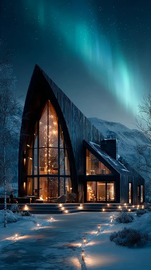 A modern, angular home with a dramatic, pointed roofline is illuminated against a backdrop of a breathtaking aurora borealis.  The large, central window showcases a warmly lit interior.  The structure sits nestled in a snowy landscape, with exterior lighting defining a path leading to the house.  The scene evokes a sense of serene, wintry luxury.