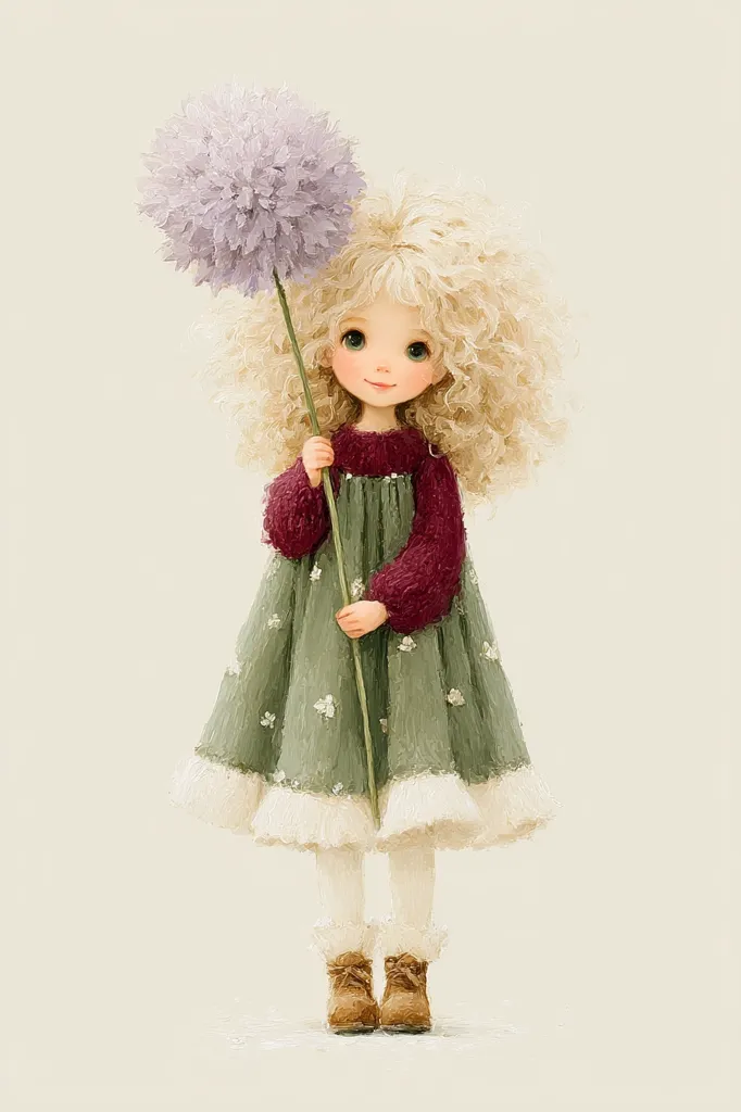 A charming illustration depicts a young girl with curly blonde hair. She's dressed in a burgundy sweater and a sage green dress adorned with tiny white flowers, finished with a white fur trim.  The girl holds a large, fluffy purple flower, her large eyes and sweet expression adding to the image's gentle and whimsical charm.  She's wearing white tights and brown boots, completing her endearing appearance.