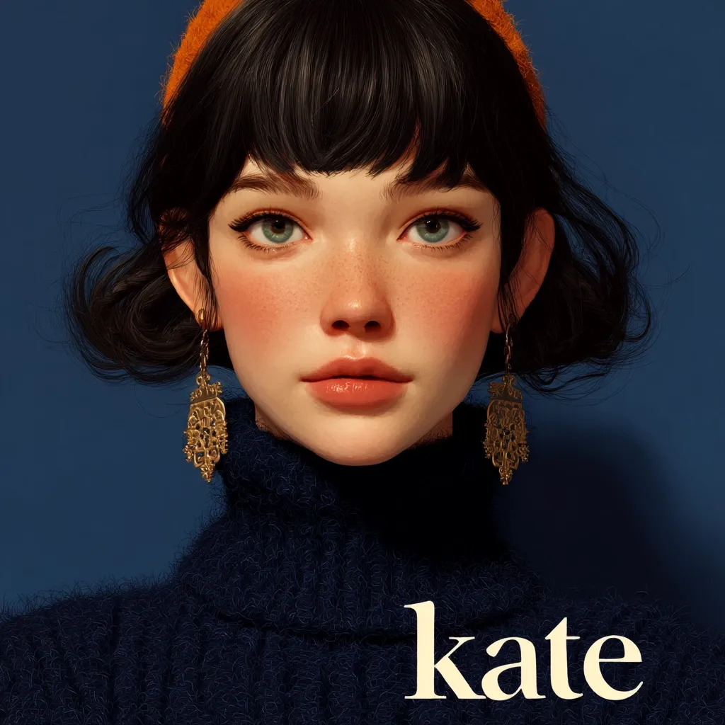 A digital painting of a young woman named Kate. She has dark bobbed hair with bangs, rosy cheeks, and is wearing an orange headband, gold earrings, and a dark blue turtleneck sweater.  Her expression is serene and direct, gazing at the viewer against a deep blue background. The style is realistic with a slightly stylized, soft aesthetic.