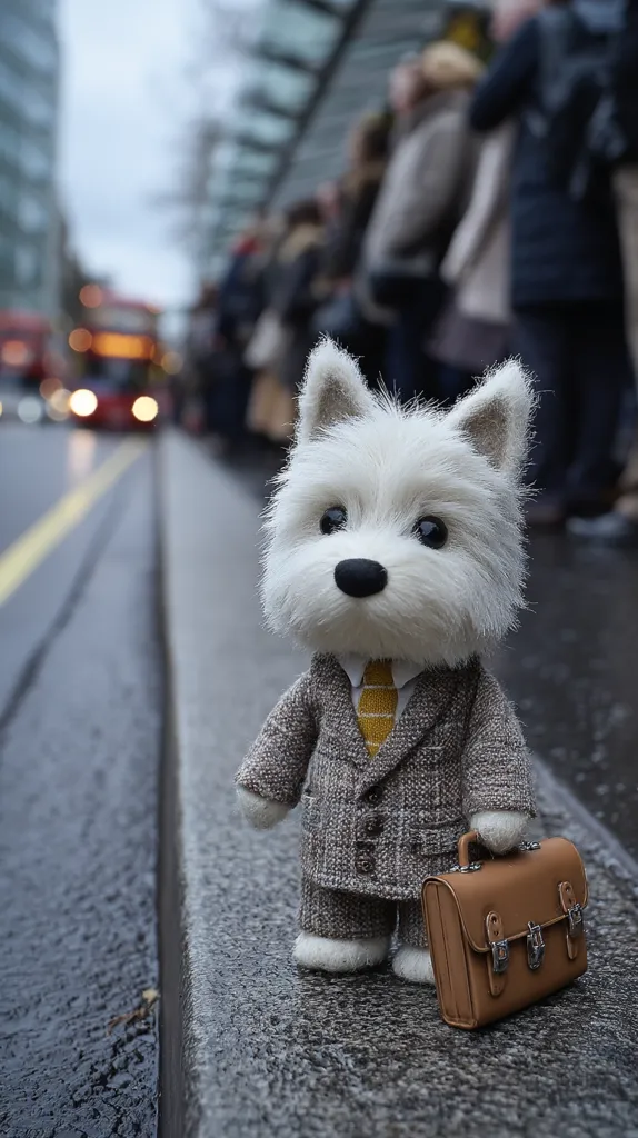 A West Highland White Terrier plush toy, dressed in a grey suit and yellow tie, stands on a wet city curb.  It carries a small brown briefcase.  A blurred background shows a city street and a group of people waiting at a bus stop. The overall mood is one of quiet observation and a whimsical contrast between the toy and the urban setting.