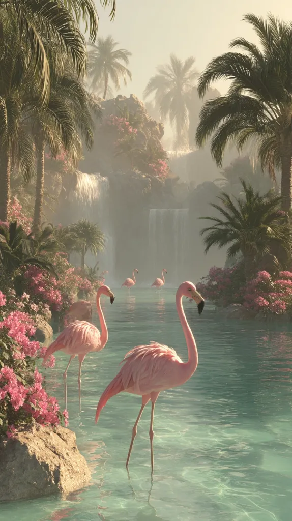 A serene tropical scene unfolds, showcasing pink flamingos wading in a tranquil turquoise pool.  Lush greenery, including vibrant palm trees and pink flowers, surrounds a cascading waterfall.  The soft, hazy light creates a dreamy atmosphere, enhancing the idyllic beauty of this picturesque paradise.  Several flamingos stand gracefully in the water, adding a touch of elegance to the scene.