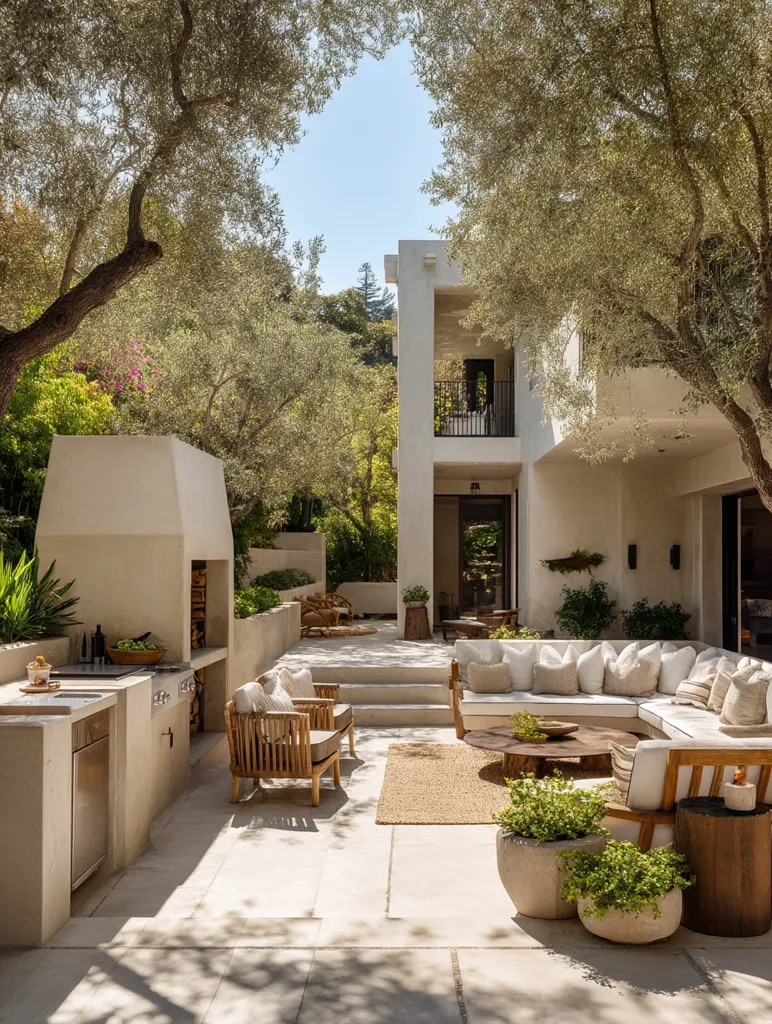 A serene outdoor patio, adjacent to a modern minimalist house, features a built-in kitchen and a large, L-shaped sectional sofa.  Olive trees provide shade, and potted plants add to the tranquil ambiance.  The light-colored stone patio and outdoor fireplace create a sophisticated and inviting space.  The overall aesthetic is calm and luxurious, blending seamlessly with the surrounding nature.