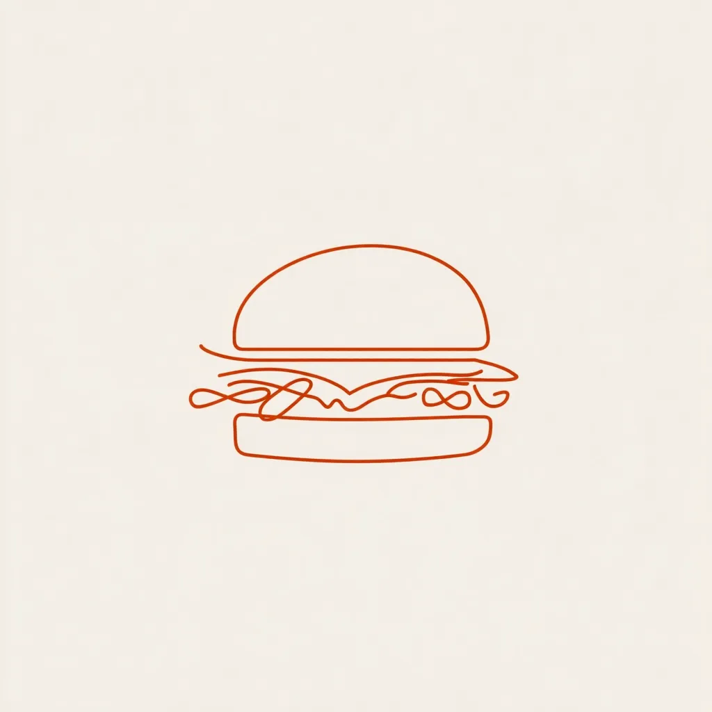 A minimalist line drawing of a hamburger is shown.  The image uses a single continuous burnt orange line to depict the bun, patty, and toppings.  The style is simple and elegant, suitable for a logo or menu design.  The background is a light beige.
