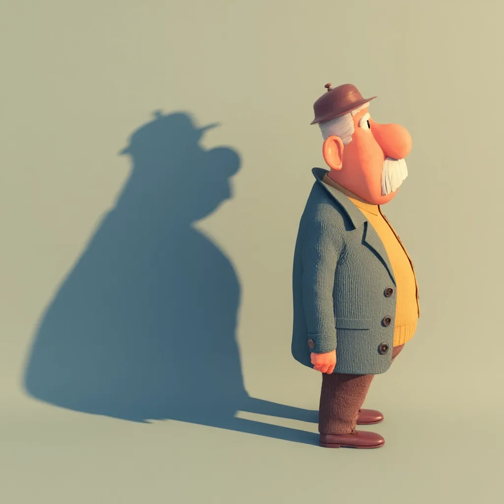 A stylized 3D rendering of an elderly man in profile view. He wears a blue coat, brown trousers, and a brown hat.  His shadow stretches behind him, slightly distorted. The overall style is reminiscent of claymation or stop-motion animation.  The background is a muted teal. The image evokes a sense of quiet contemplation.