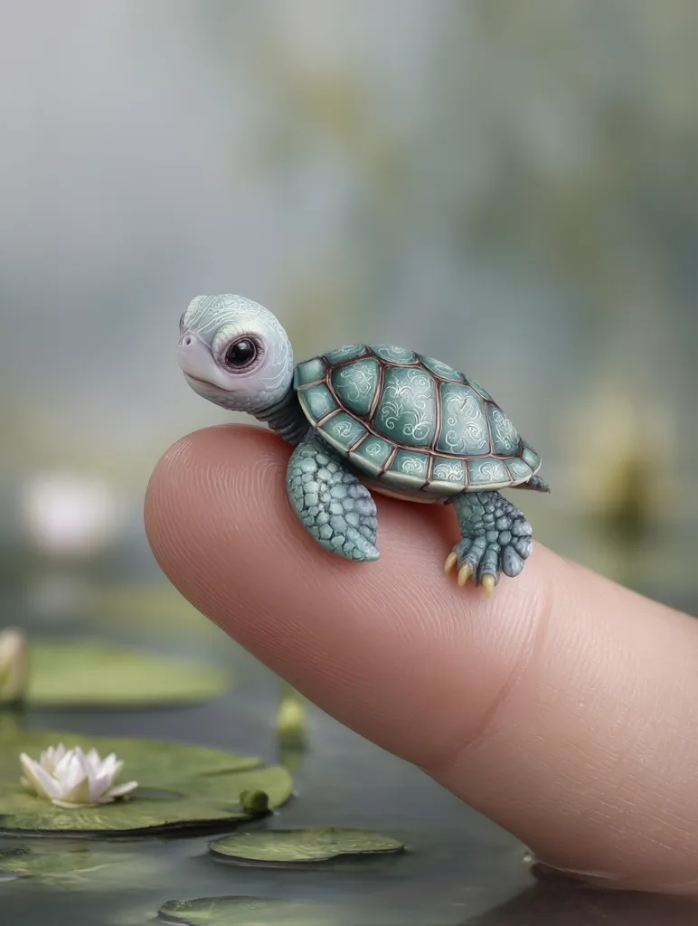 A miniature turtle, intricately detailed with a teal shell adorned with delicate white patterns, sits atop a human finger.  The tiny reptile's expressive eyes and lifelike features are striking.  The background suggests a tranquil pond setting with lily pads and blossoms, enhancing the image's serene and whimsical atmosphere.  The contrast between the tiny turtle and the human finger emphasizes its miniature scale.
