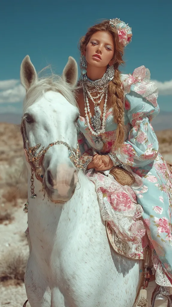 A young woman with long braided hair sits atop a white horse in a desert landscape. She wears a pastel floral dress adorned with lace and numerous silver necklaces and earrings, along with a floral headpiece. The overall aesthetic is romantic and whimsical, with a touch of bohemian flair. The image evokes a sense of fantasy and escapism.