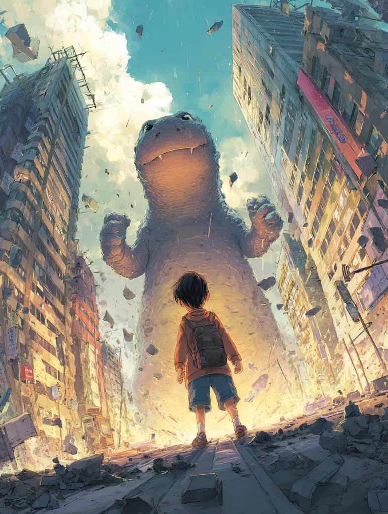A young boy, backpack on, stands small against a colossal, friendly-looking lizard-like creature amidst a city in ruins.  The sky is a vibrant mix of blue and clouds, debris rains down, and buildings crumble around the monster. The scene evokes a sense of awe and impending destruction, possibly suggesting a fantastical event or kaiju attack.  The boy's small stature emphasizes the monster's overwhelming size.