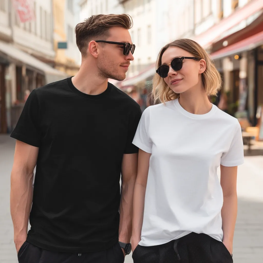 A young couple, stylishly dressed in plain black and white t-shirts and sunglasses, stroll down a city street.  The man, with short brown hair, wears a black shirt, while the woman, with blonde hair styled in a bob, sports a white shirt.  They are walking close together, their casual attire complementing the urban backdrop.  The background shows a blurred-out European-style street scene with shops and buildings.