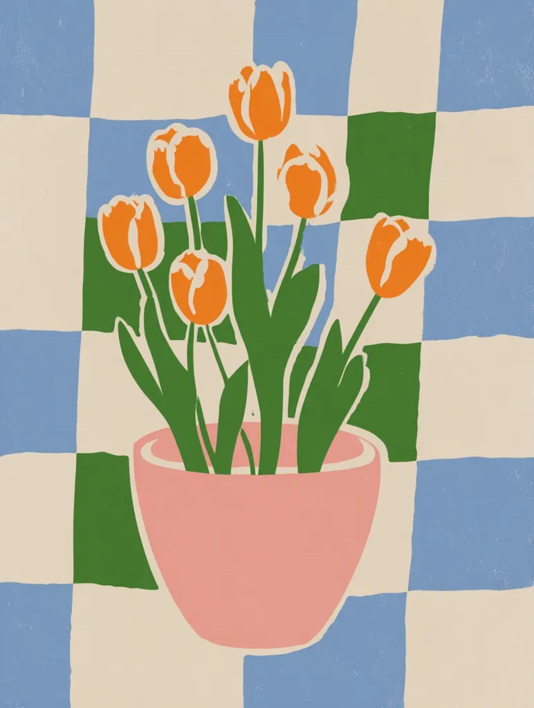 A stylized illustration features a pink pot filled with orange tulips against a backdrop of a blue and green checkered pattern.  The tulips are depicted with simple, bold shapes and solid colors, conveying a minimalist aesthetic. The overall style is reminiscent of mid-century modern design or retro-inspired artwork.  The color palette is cheerful and vibrant, creating a playful and optimistic mood.