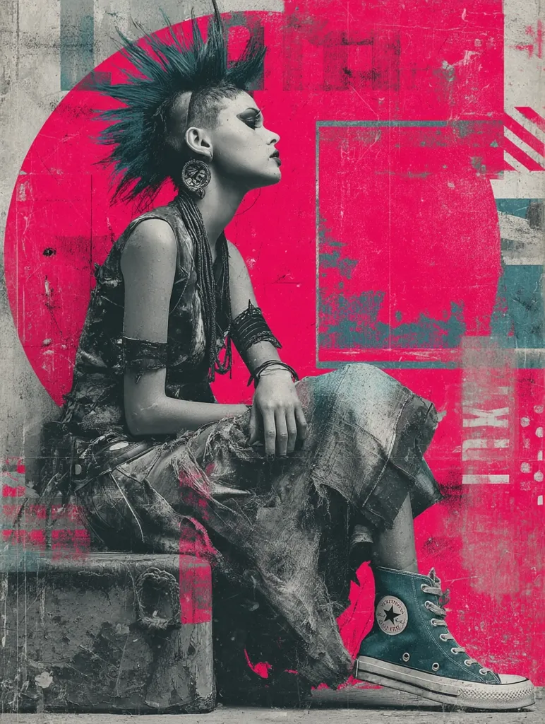 A stylized portrait of a young woman with a vibrant mohawk, dressed in ripped clothing and Converse sneakers.  The monochrome figure contrasts sharply against a bold, pink, textured background featuring geometric shapes and grunge elements.  The overall aesthetic blends punk rock rebellion with a collage-like artistic style. The image evokes a sense of edgy coolness and defiant attitude.