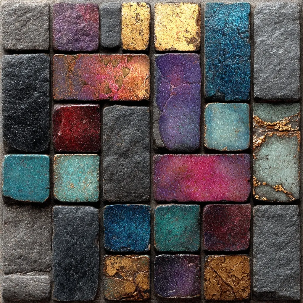A square mosaic artwork features a blend of dark gray stone tiles and smaller, vibrantly colored rectangular and square tiles.  The smaller tiles boast a spectrum of rich hues including purples, pinks, reds, blues, and teals, some with a subtle iridescent sheen.  Gold leaf accents are scattered throughout, adding a touch of metallic shimmer to the otherwise matte surface. The overall effect is a sophisticated and visually striking piece with a handcrafted feel.