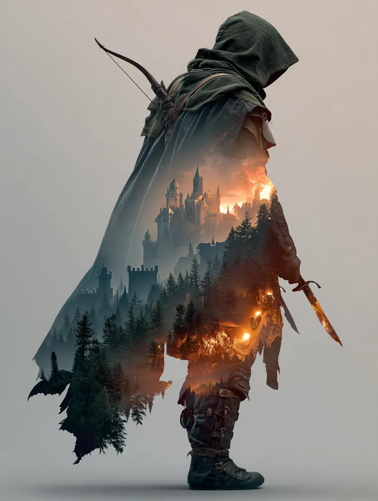 A hooded archer stands, their cloak a double exposure revealing a medieval castle nestled within a forest ablaze at sunset. The figure, clad in dark attire and sturdy boots, holds a sword.  The image blends fantasy and reality, creating a dramatic and evocative scene suggesting a warrior defending their home.