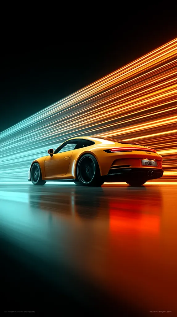 A vibrant digital rendering showcases a yellow Porsche speeding through a tunnel of light.  Streaks of teal and fiery orange illuminate the scene, creating a dynamic sense of motion and speed. The car's sleek design is highlighted against the contrasting colors, emphasizing its velocity. The reflective surface of the road mirrors the vibrant light trails, enhancing the overall futuristic aesthetic.