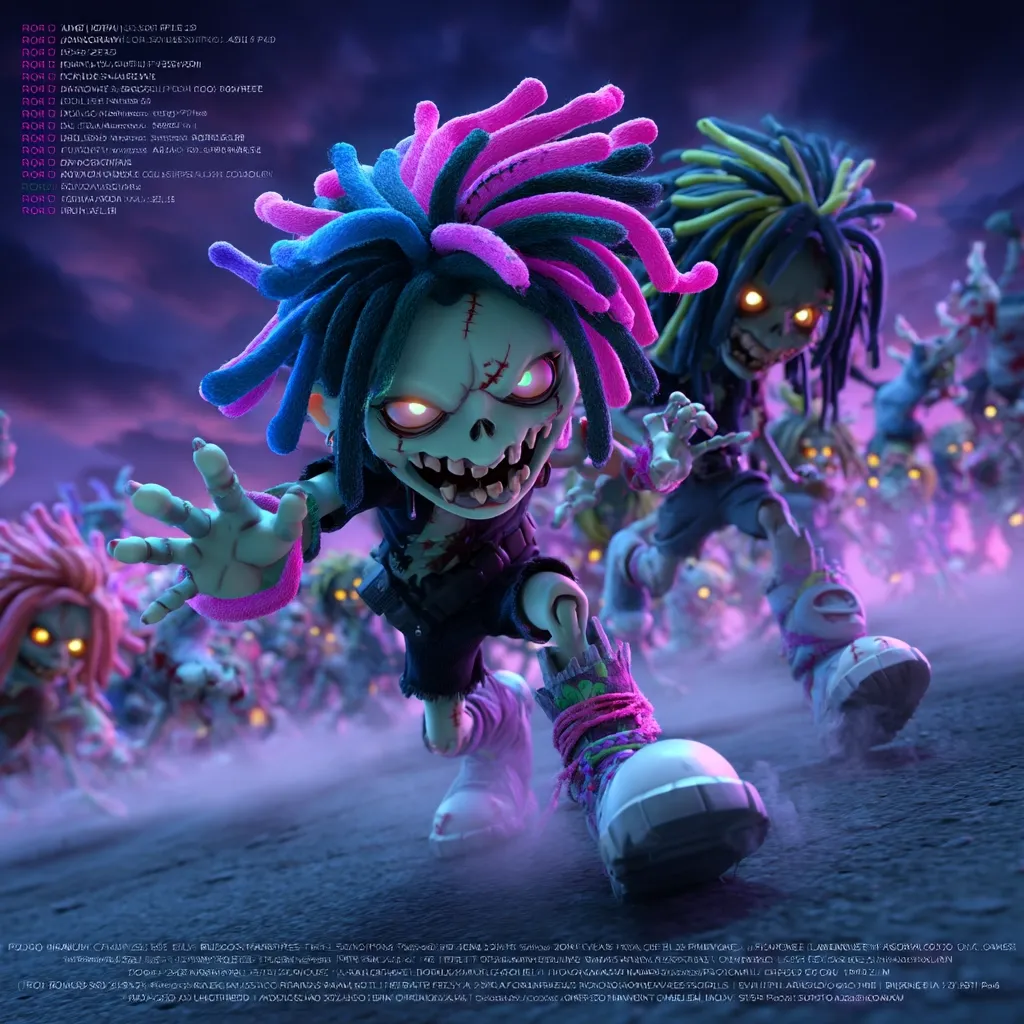 A horde of stylized zombie children, led by a prominent figure with vibrant, multicolored dreadlocks, charges forward.  The foreground zombie has glowing eyes and stitched-up skin, showcasing a blend of cute and creepy aesthetics.  The scene is set in a dark, smoky environment, enhancing the dramatic effect. The overall style suggests a video game or animated film.