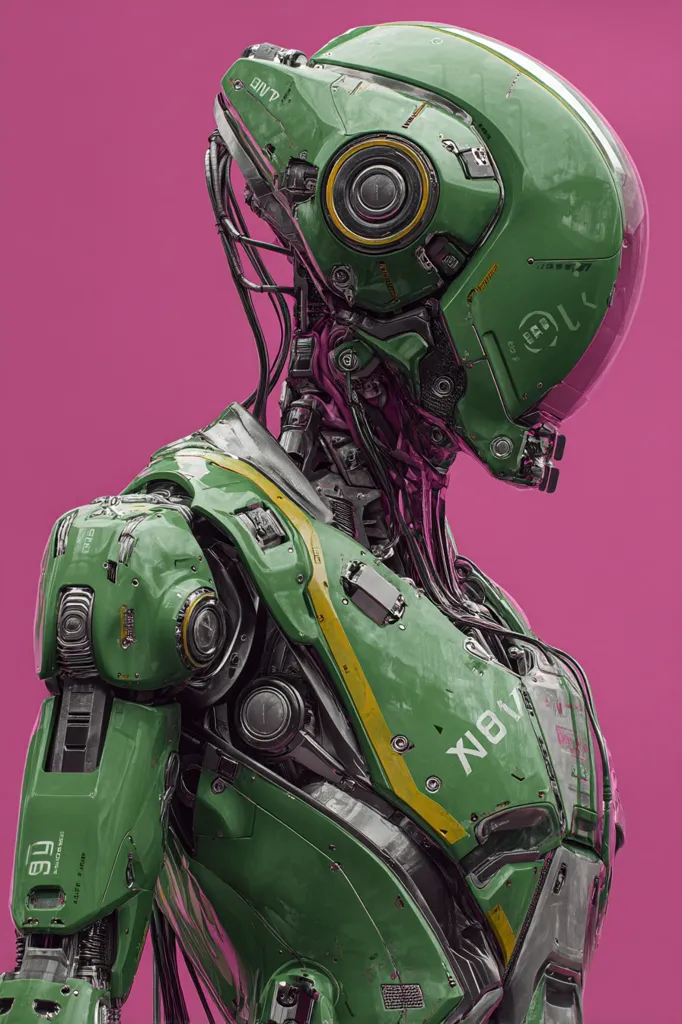 A close-up profile view of a futuristic robot, predominantly green with yellow stripes.  Its intricate design reveals exposed wiring and mechanical components. The robot's helmet is sleek and helmet-like, featuring circular elements and markings. The background is a solid pink, contrasting with the robot's color scheme.  The image showcases detailed texturing and rendering of a complex mechanical design.
