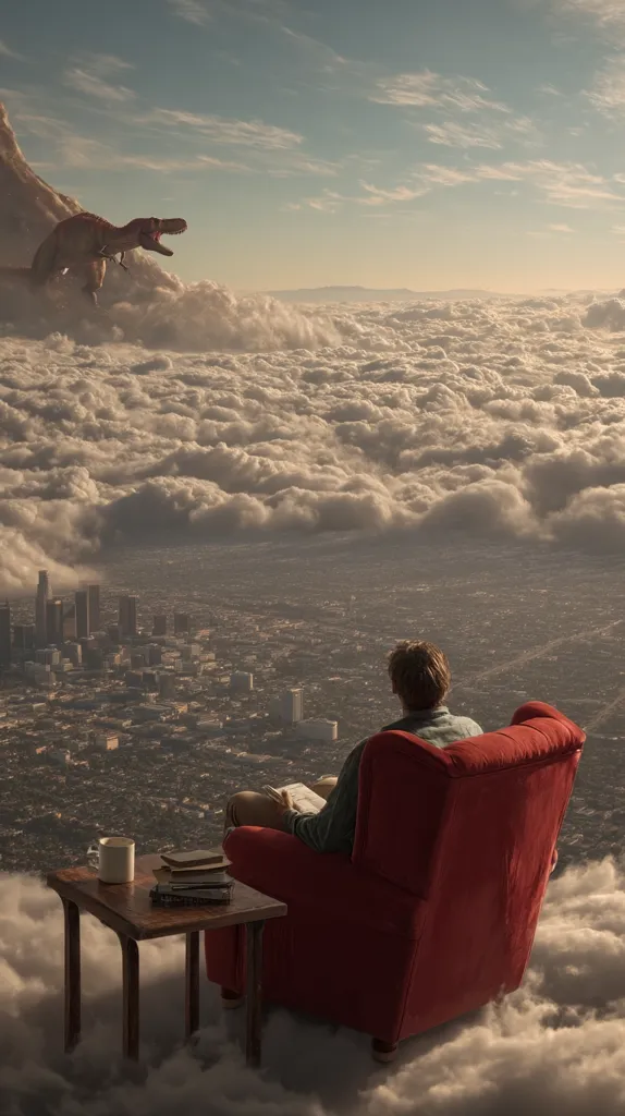 A man sits in a red armchair on a cloud, overlooking a sprawling city.  A T-Rex perches on a distant mountain peak, partially obscured by clouds.  A small side table holds a mug and books. The scene is surreal and dreamlike, blending fantastical elements with a realistic cityscape. The overall mood is peaceful yet slightly ominous.