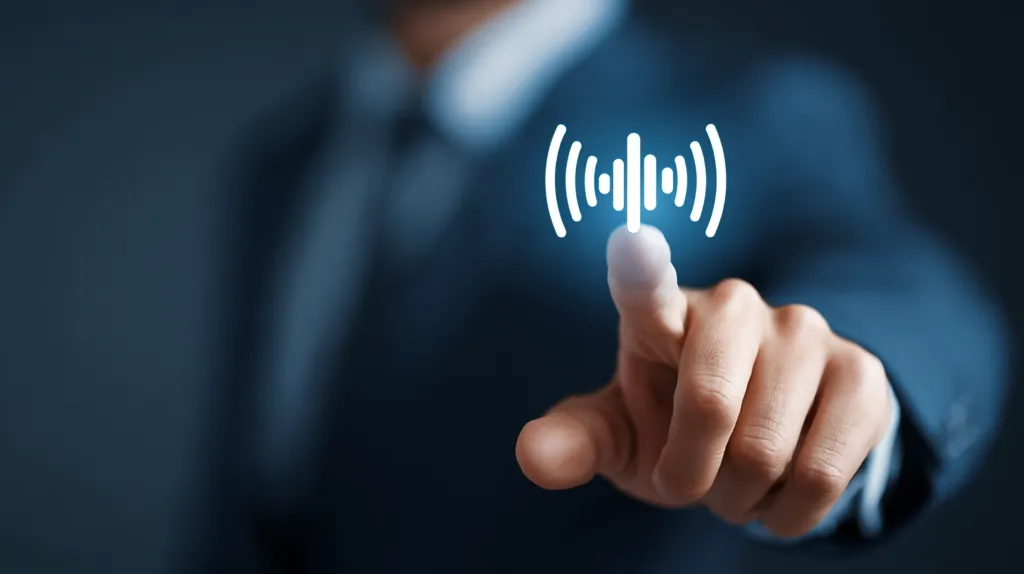 A close-up shows a person's fingertip interacting with a glowing wifi symbol on a dark blue background. The individual is dressed in a dark blue suit, suggesting a professional context.  The image symbolizes connection, wireless technology, or digital interaction. The focus is on the finger and the symbol, highlighting the ease and immediacy of accessing wireless networks.