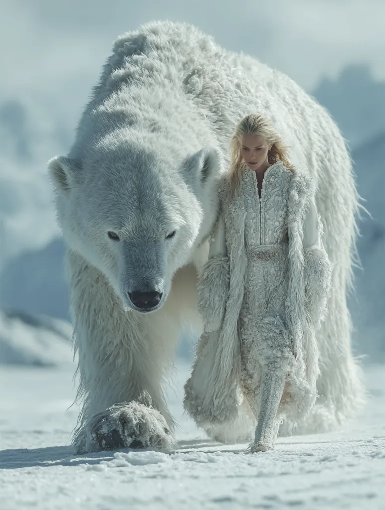 A blonde woman in a long, white, fur-trimmed coat walks alongside a massive polar bear across a snowy landscape.  The bear's fur is thick and pristine white, contrasting beautifully with the woman's elegant attire.  The scene evokes a sense of serenity and otherworldly beauty, suggesting a magical or fantastical setting.  The overall mood is peaceful and captivating.