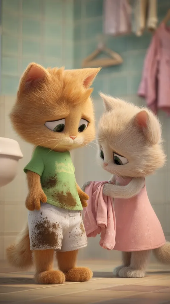 Two adorable cartoon kittens are in a bathroom.  The orange kitten is covered in mud on its shirt and shorts, looking sad.  A sweet, cream-colored kitten in a pink dress holds a pink towel, seemingly ready to help clean the other kitten. The scene is heartwarming and evokes feelings of care and friendship.