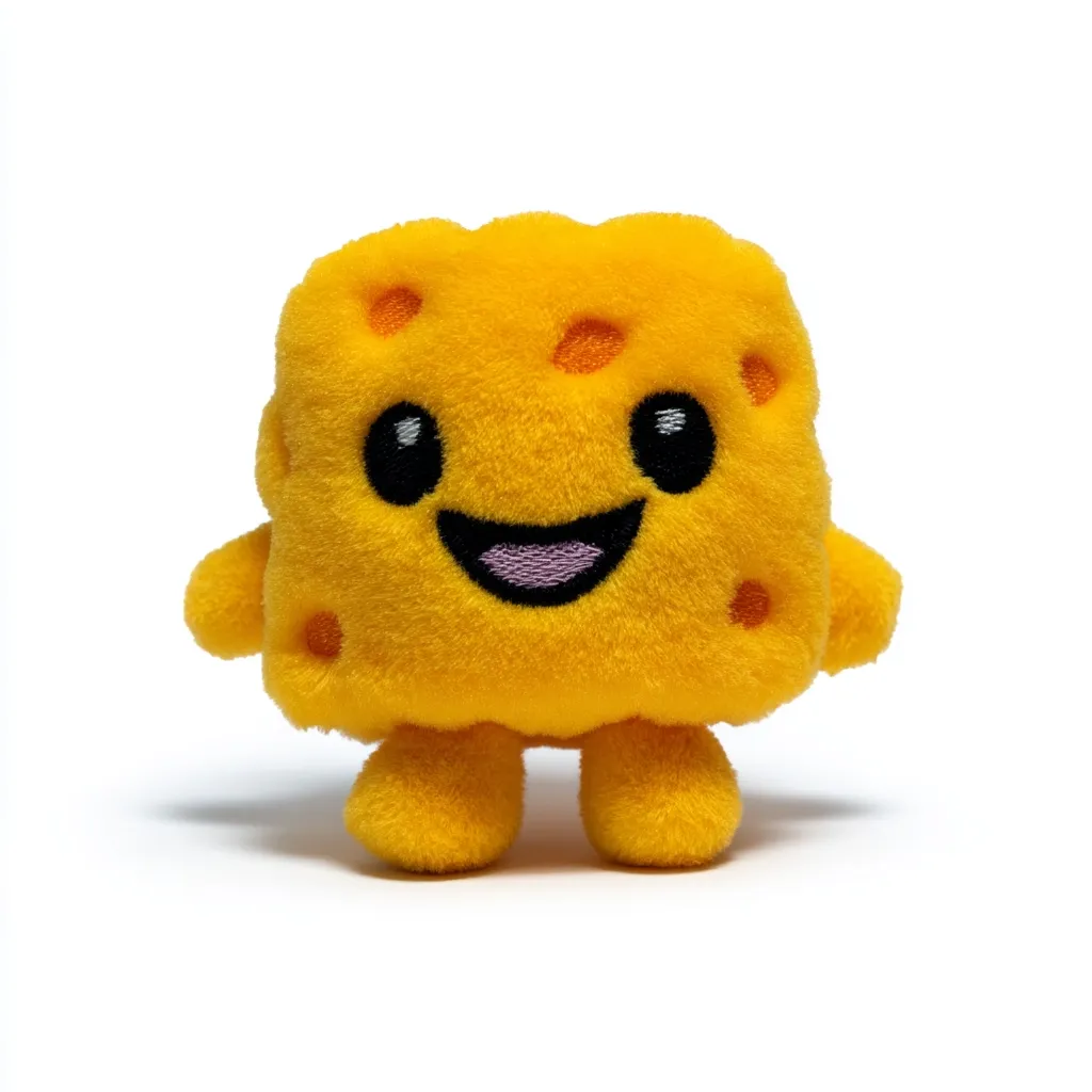 A small, plush toy shaped like a smiling cube of cheese is shown against a white background.  The cheese is bright yellow with embroidered holes and a cheerful face.  Short, stubby arms and legs complete the adorable design. The toy appears soft and cuddly.