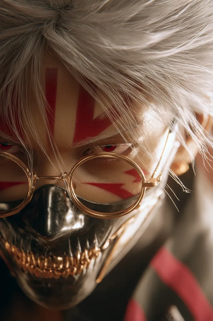 Close-up of a stylized character with long, white hair.  They wear round gold-rimmed glasses and a dark mask with gold teeth detailing.  Red markings resembling a stylized sun or tribal pattern are painted on their face.  The image has a dark, moody atmosphere, suggesting a cyberpunk or fantasy setting. The character's intense red eyes are prominent.