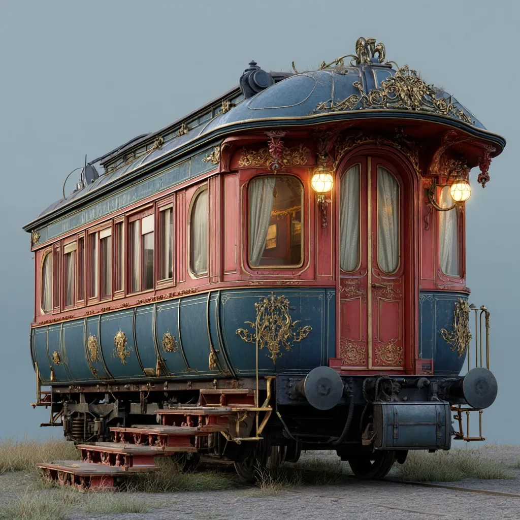 A meticulously detailed rendering of a vintage railway carriage.  The ornate design features a deep blue and crimson paint scheme, accented with gold detailing.  Large windows and a double door are prominent features of the passenger car.  The carriage sits on a track, with access steps visible, suggesting a luxurious and historic mode of transportation.
