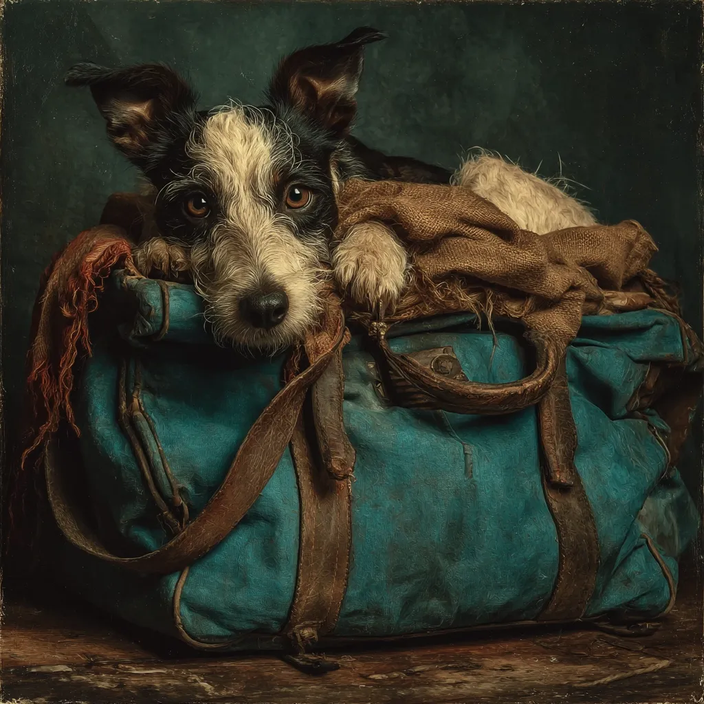 A black and white terrier dog rests comfortably inside a worn, teal-colored duffel bag.  The bag is aged and shows signs of extensive travel, with a worn leather strap and a rustic, burlap fabric partially obscuring the dog.  The dog's gaze is directed towards the viewer, conveying a sense of quiet companionship and adventure. The overall style is reminiscent of classic portraiture with a muted color palette and textured background.