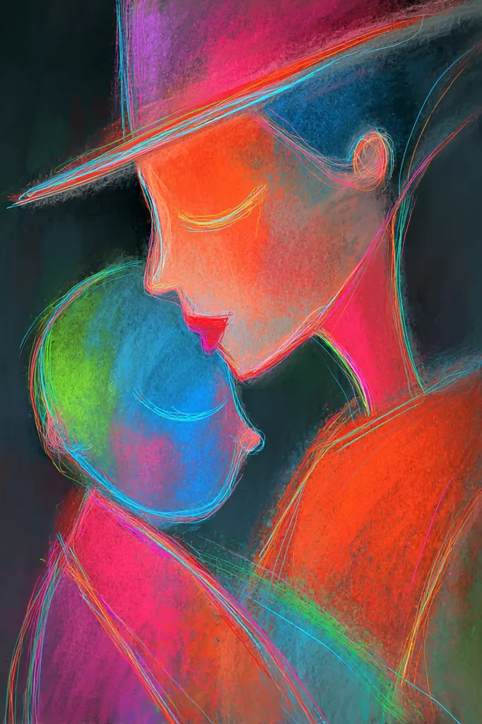 A vibrant, abstract painting depicts a woman in a hat tenderly holding a child.  The artwork utilizes bold strokes of red, orange, blue, and green, creating a sense of warmth and intimacy.  The figures are stylized and somewhat undefined, allowing for interpretation.  The overall effect is one of emotional connection and maternal love.