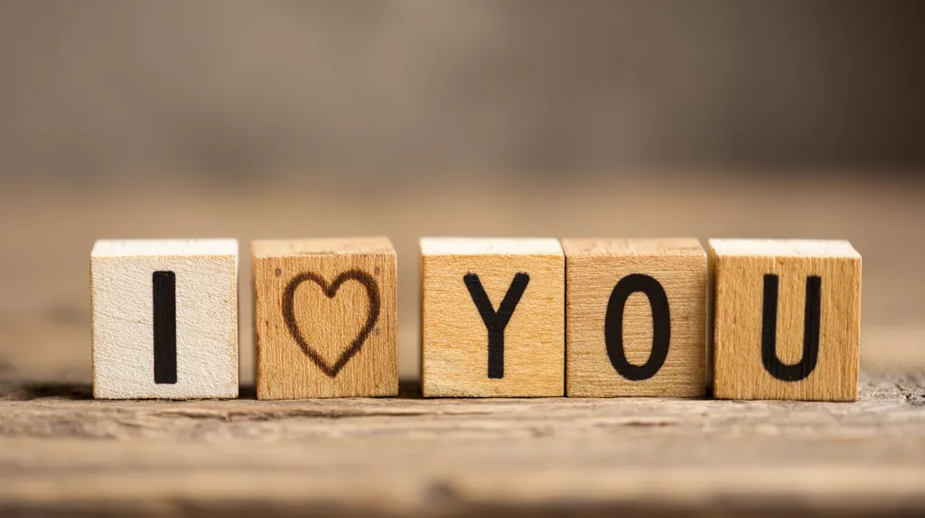 Five small, light brown wooden blocks spell out "I ♥ YOU" on a rustic wooden surface.  The heart symbol replaces the word "love." The simple arrangement creates a heartfelt and romantic message. The background is blurred, focusing attention on the blocks and their message.