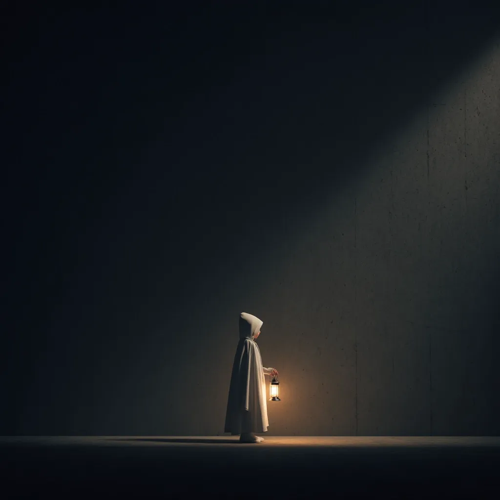 A solitary child, cloaked in white and hooded, stands in a dimly lit concrete space.  A single beam of light illuminates the figure and a small lantern held in their hand. The scene evokes a sense of mystery and vulnerability, hinting at a journey into the unknown.  The contrast between light and shadow emphasizes the child's isolation.