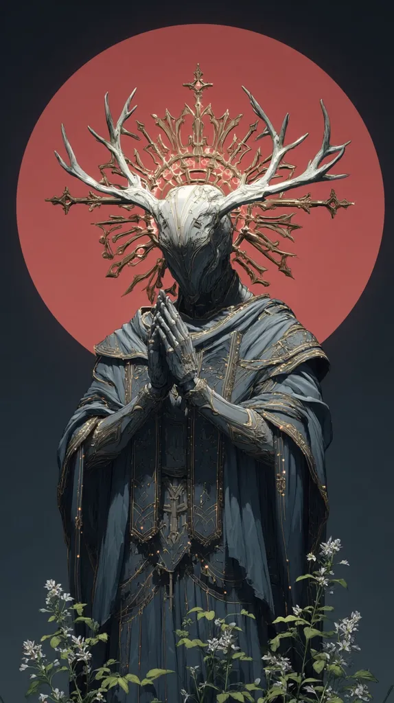 A digital painting depicts a statuesque figure, possibly a deity or saint, adorned in ornate, dark grey robes with gold accents.  The figure has a mask-like face and large, antler-like headpiece with a golden halo. Hands are clasped in prayer before a large, blood-red sun or moon.  Delicate white flowers sprout at the base, contrasting the figure's imposing presence. The overall aesthetic blends religious iconography with science fiction elements.