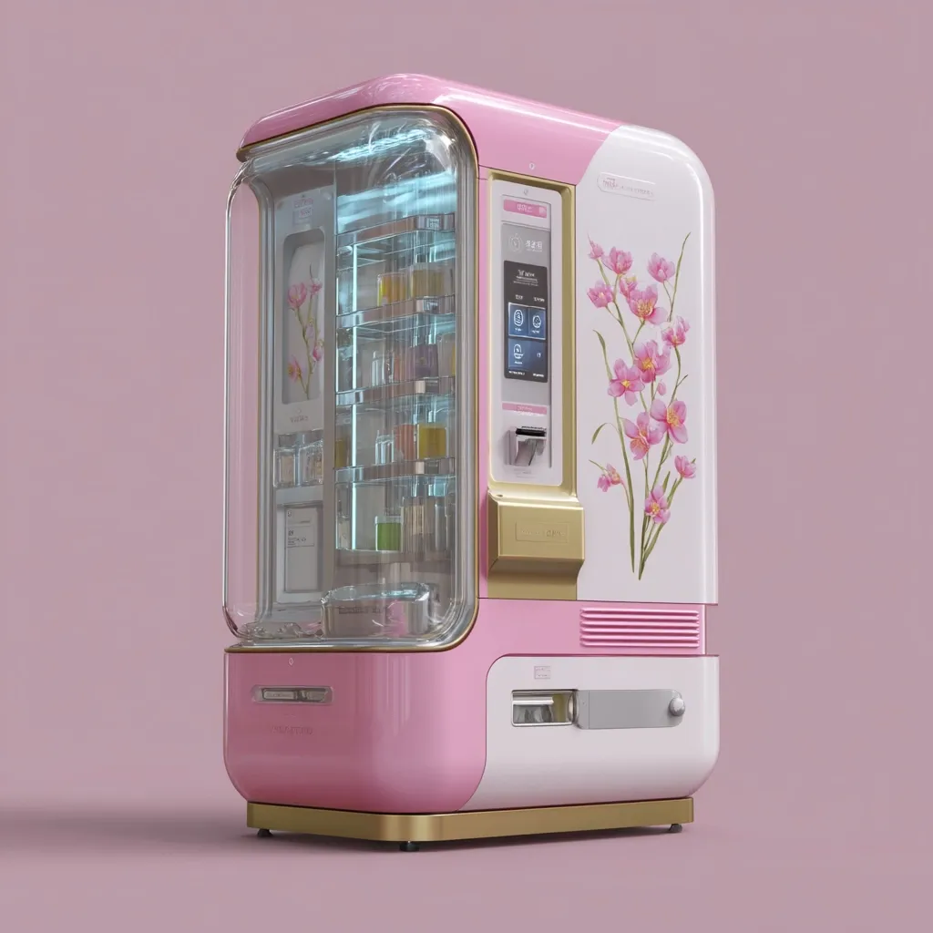 A pink and white vending machine with a retro design is shown.  Its transparent front reveals shelves stocked with various items.  A floral design adorns the side. The machine features a digital screen and payment slot, suggesting a modern, automated dispensing system. The overall aesthetic is clean, elegant, and subtly feminine.