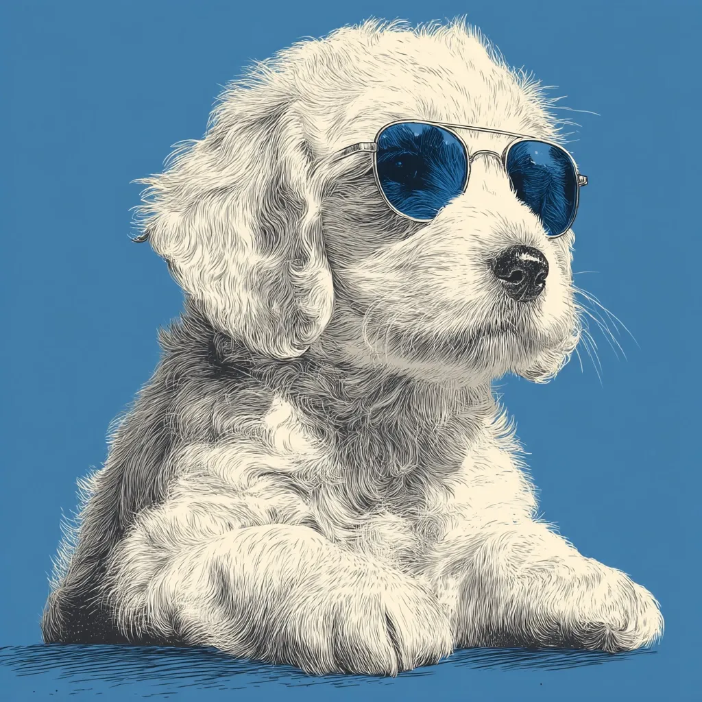 A detailed, pen-and-ink style illustration depicts a fluffy white puppy wearing aviator sunglasses. The puppy is positioned against a solid blue background, its paws resting neatly in front of it. The artist's meticulous attention to detail is evident in the rendering of the puppy's fur and the reflective surfaces of the sunglasses.  The overall tone is playful and stylish.