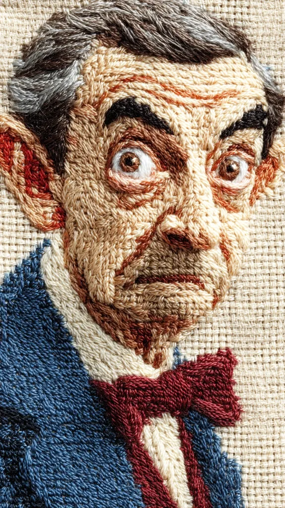 A detailed embroidery depicts Mr. Bean, the iconic comedic character.  His expression is meticulously rendered in thread, capturing his signature bewildered look. The artist skillfully uses various shades to create depth and texture in his hair, skin, and clothing, including a small, burgundy bow tie.  The background is a simple, off-white fabric, emphasizing the intricate details of the portrait.