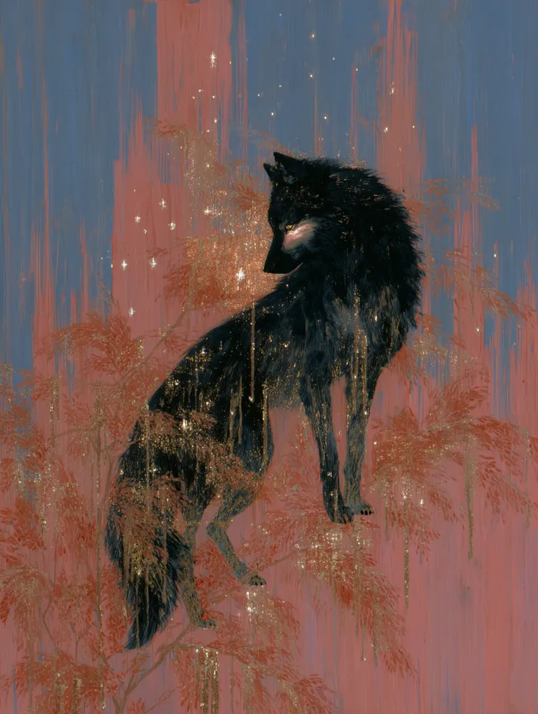 A painting depicts a black wolf, seemingly adorned with gold glitter, standing amidst a reddish-pink landscape.  The background features vertical brushstrokes of muted blues and pinks, creating a dreamy, ethereal atmosphere.  Gold accents resemble falling stars or shimmering foliage, adding a mystical quality to the scene. The wolf's posture is contemplative, adding to the overall sense of quiet beauty and magic.