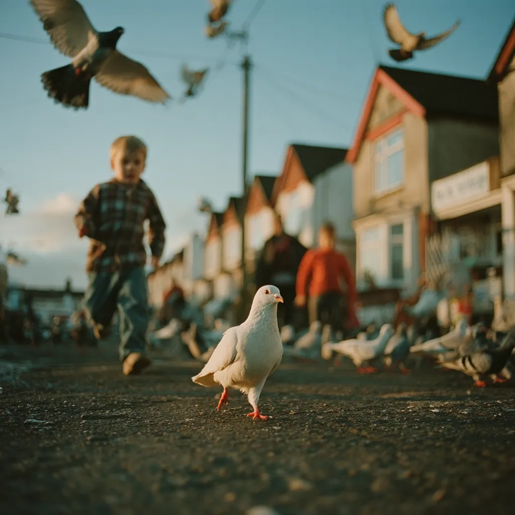 A young boy runs past a white pigeon in a residential street.  Numerous pigeons are scattered around, some in flight, others on the ground. The background is blurred, showing houses and other people. The scene is bathed in soft sunlight, creating a peaceful yet bustling atmosphere.  The focus is sharply on the white pigeon, drawing attention to its stillness amidst the activity.