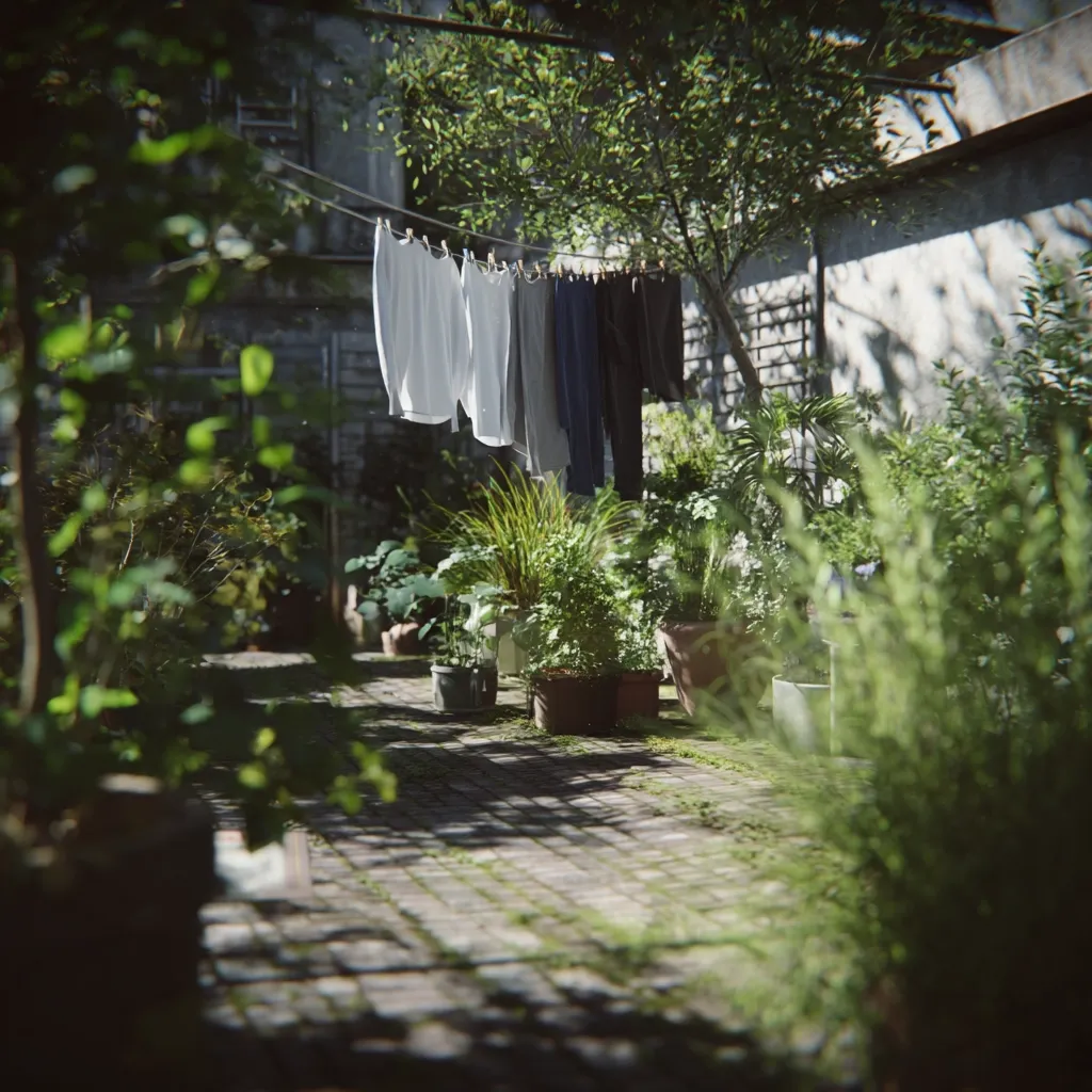 A clothesline hangs in a lush, sun-dappled courtyard.  Several items of clothing, primarily light and dark-colored shirts and trousers, dry gently in the breeze.  The courtyard is paved with brick, partially covered in moss, and filled with a variety of potted plants, creating a tranquil, overgrown atmosphere.  Sunlight filters through the leaves of surrounding trees and plants, casting dappled shadows on the ground.