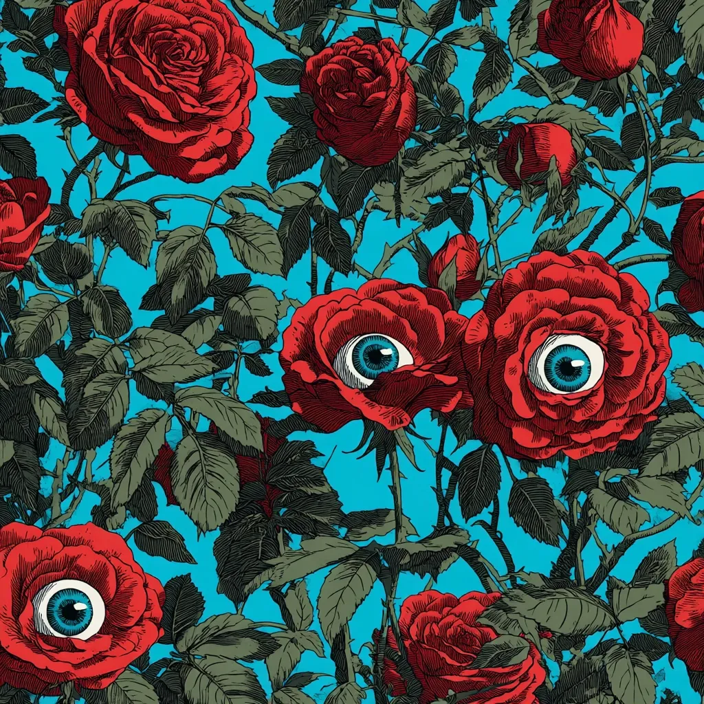 A vibrant teal background showcases a repeating pattern of meticulously drawn red roses.  Some roses are uniquely detailed with a single, large eye in the center of each bloom, creating a surreal and slightly unsettling effect. The dark green foliage adds depth and contrast to the bright red roses and teal background, forming a dense, eye-catching floral arrangement.