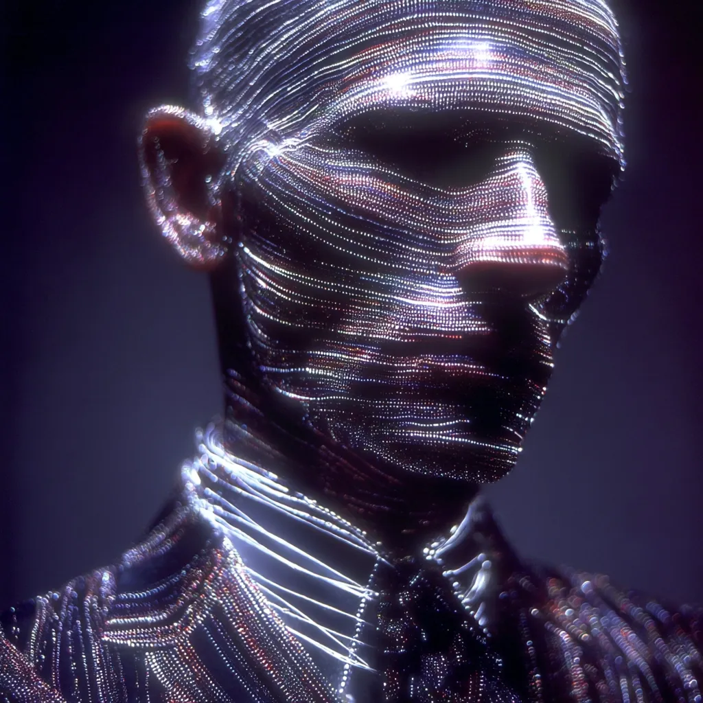 A close-up, stylized portrait of a person's face and upper body. The subject appears to be adorned with intricate, glowing strands resembling data streams or beaded threads, creating a futuristic or digital aesthetic.  The image is dark, with the glowing strands providing the primary illumination, lending a mysterious and otherworldly feel. The overall effect is one of technological artistry and enigmatic beauty.