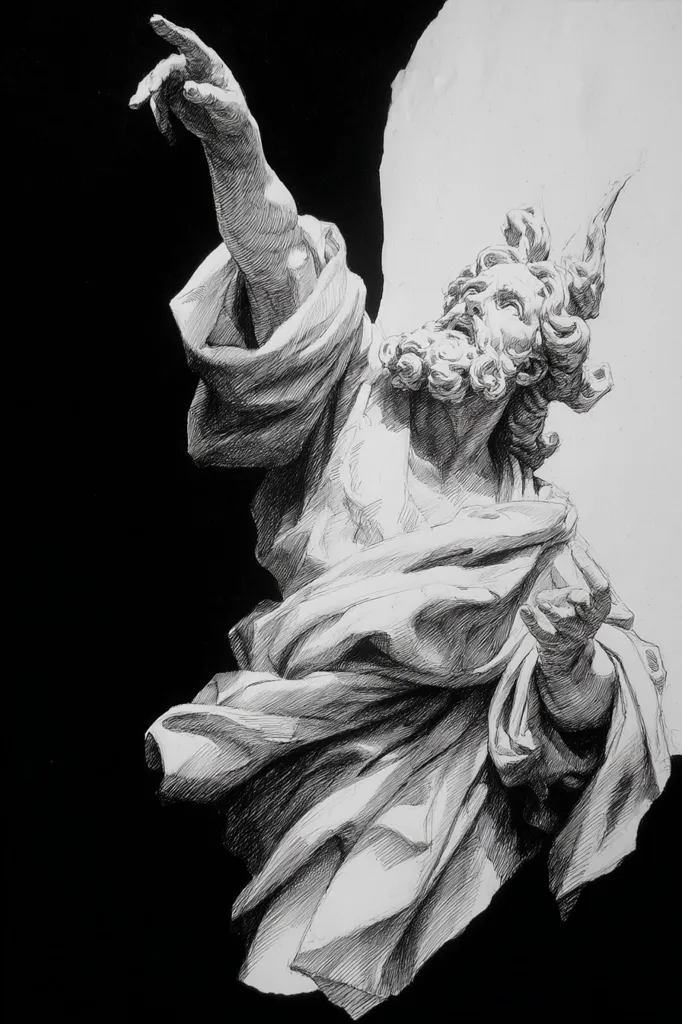 A detailed pen-and-ink drawing depicts a dramatic, dynamic figure, possibly God or a powerful deity, rendered in stark chiaroscuro.  The figure's arm is powerfully extended upward, while the flowing drapery and windswept beard and hair add to the sense of motion and divine authority.  The contrast between light and dark emphasizes the form and texture of the subject, creating a powerful and evocative image.