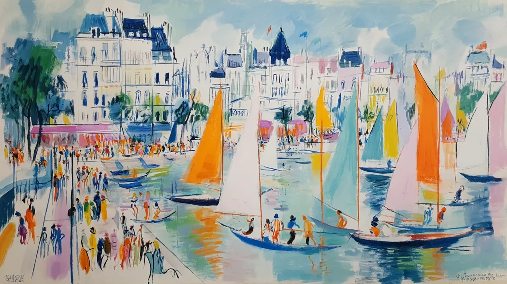 A vibrant impressionistic painting depicts a bustling harbor scene.  Brightly colored sailboats dot the water, their sails catching the light.  Along the waterfront, a lively crowd of people stroll past buildings with pastel-colored facades.  The artist's loose brushstrokes create a sense of movement and energy, emphasizing the interplay of light and color. The overall effect is cheerful and evocative of a sunny day in a charming seaside town.