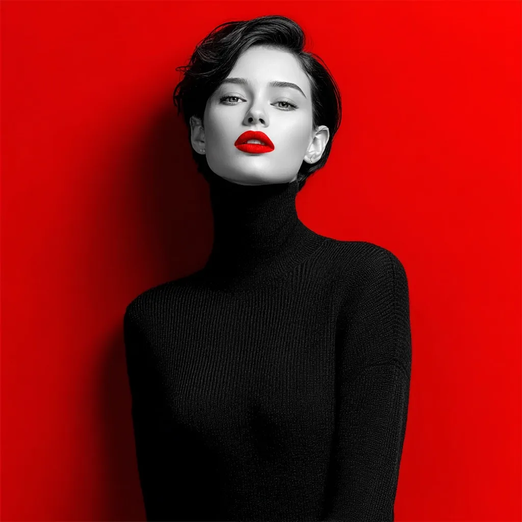 A stylish woman with short, dark hair sports a black turtleneck sweater against a vibrant red backdrop.  Her lips are painted a bold red, creating a striking contrast to her monochrome attire. The image is sharp and features a close-up view, emphasizing the model's confident expression and sophisticated style.