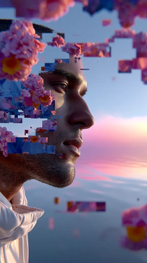A stylized portrait of a man's profile against a pastel sunset.  His face is partially obscured by a fragmented overlay of pink flowers and digital pixels, creating a surreal and dreamlike effect. The man appears serene, gazing towards the horizon.  The image blends realistic portraiture with abstract digital art, suggesting themes of memory, technology, or the intersection of nature and the digital world.