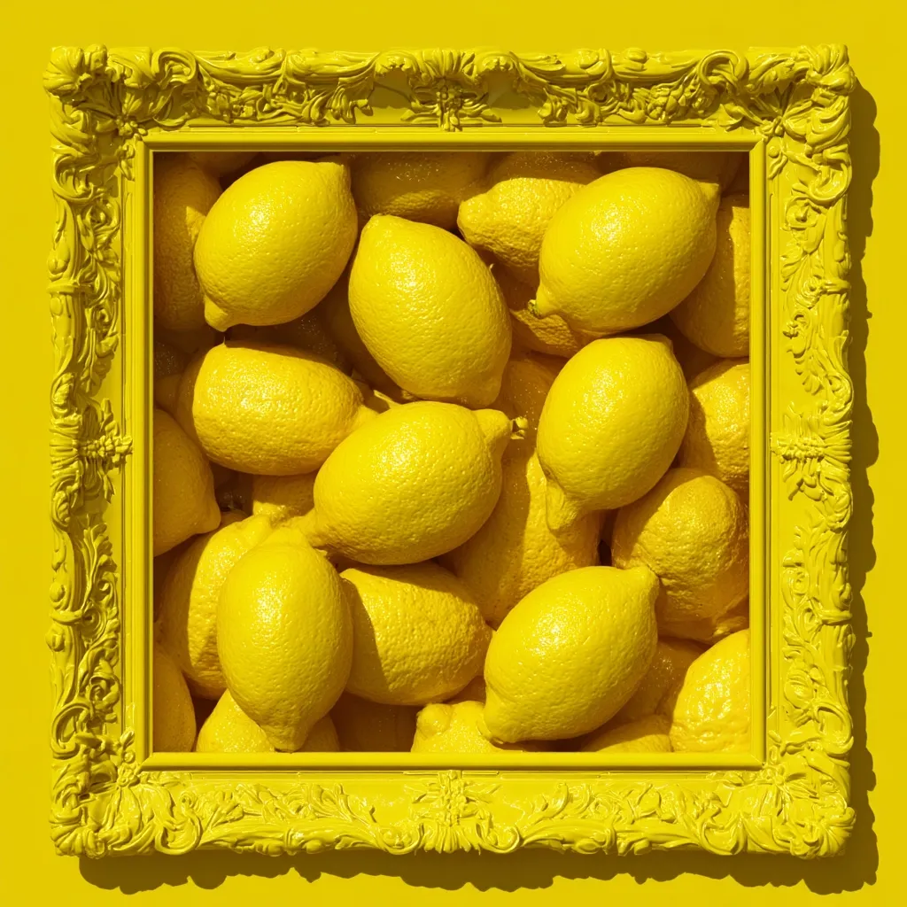 A vibrant yellow picture frame overflowing with shiny, similarly-colored lemons.  The lemons are densely packed within the frame's confines, creating a visually appealing, monochromatic composition against the matching yellow background. The frame's ornate detailing contrasts subtly with the smooth texture of the fruit.
