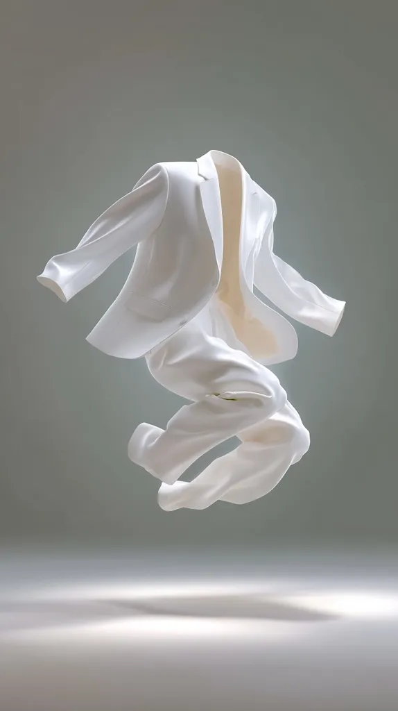 A pristine white suit, seemingly weightless, is captured mid-leap against a muted grey backdrop.  The fabric drapes elegantly, suggesting movement and fluidity. The image is minimalist, focusing on the form and texture of the clothing, creating a visually striking and surreal effect.  The lighting accentuates the soft folds and three-dimensional form of the suit.