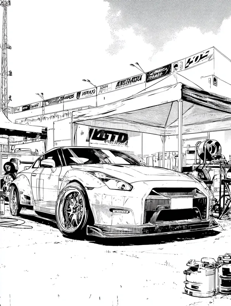 A black and white illustration showcases a modified Nissan GT-R parked under a canopy at what appears to be a racing event.  The car is detailed with meticulous linework, highlighting its aggressive body kit and large wheels.  Sponsor logos are visible on the background wall and canopy, adding to the racing atmosphere.  The style suggests a manga or graphic novel influence.  Several containers sit in the foreground.