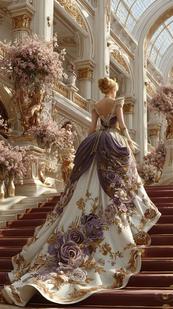 A woman in an ornate, floral gown ascends a grand staircase in a lavish palace. The gown is predominantly white and gold, adorned with large purple roses. The palace is opulent, with gold detailing and large windows letting in ample sunlight. Pink flowering plants add to the luxurious ambiance.  The scene evokes a sense of regal elegance and fairytale romance.
