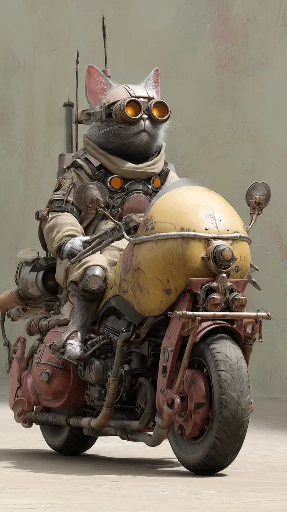 A grey cat, wearing goggles and a futuristic outfit, sits astride a rusty, steampunk-style motorcycle. The bike has a yellow gas tank and exposed mechanical parts, giving it a worn, rugged appearance.  The cat's serious expression and the bike's design create a compelling image of a post-apocalyptic or sci-fi setting.  The scene is set against a muted background.
